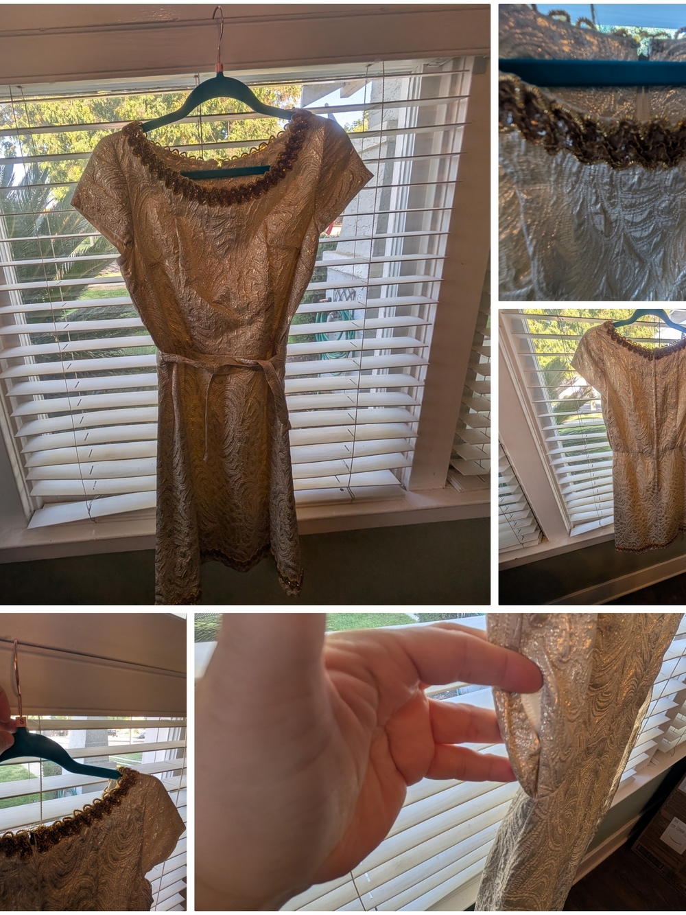 Vintage Gold Party Dress with Textured Jacquard and Belt (Small Hole In Seam)